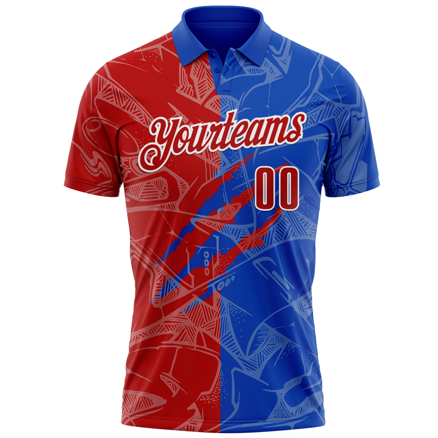 Custom Graffiti Pattern Red Thunder Blue-White 3D Scratch Performance Polo Shirt