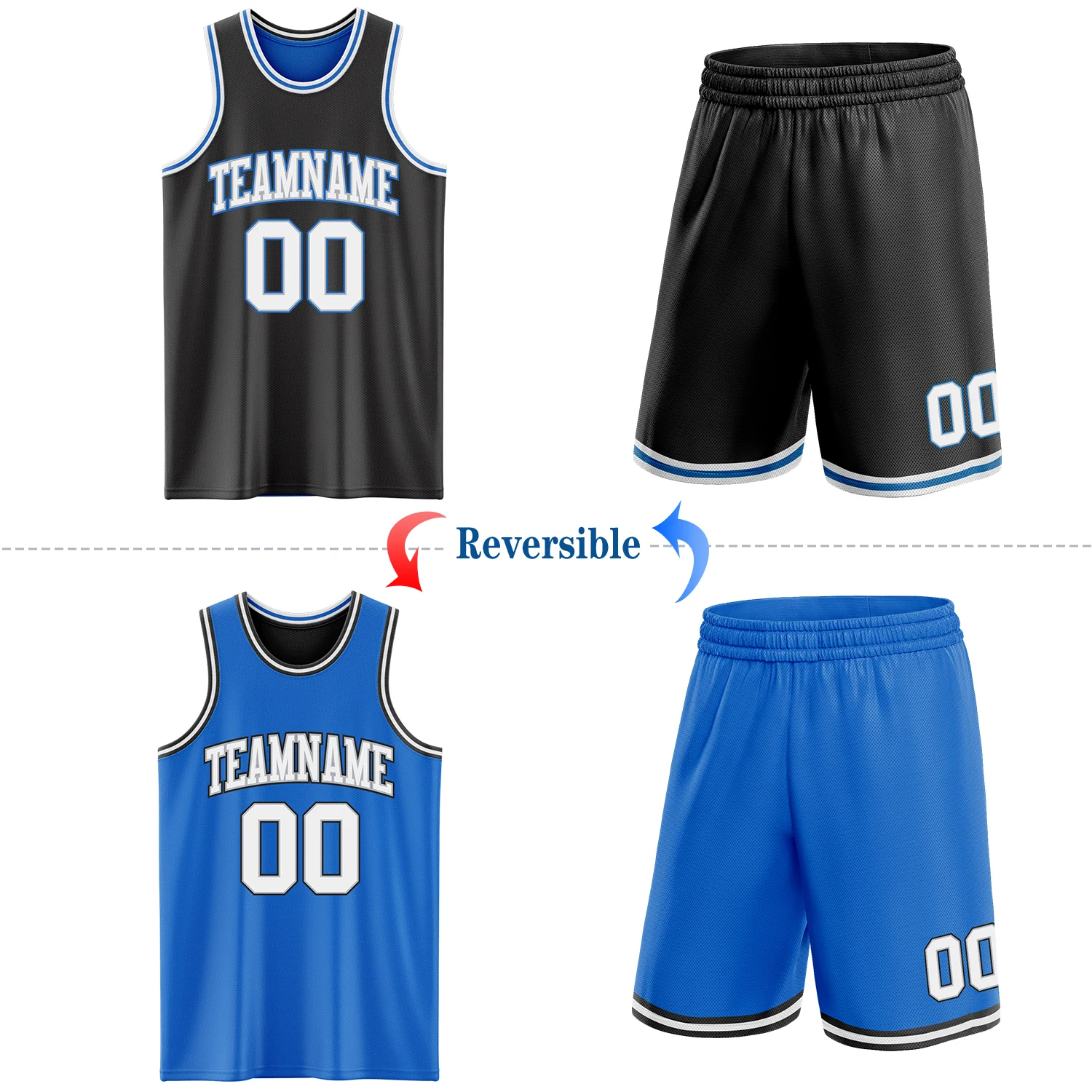 Custom Reversible Black Gray-Blue Double Side Sublimation Basketball Suit Jersey