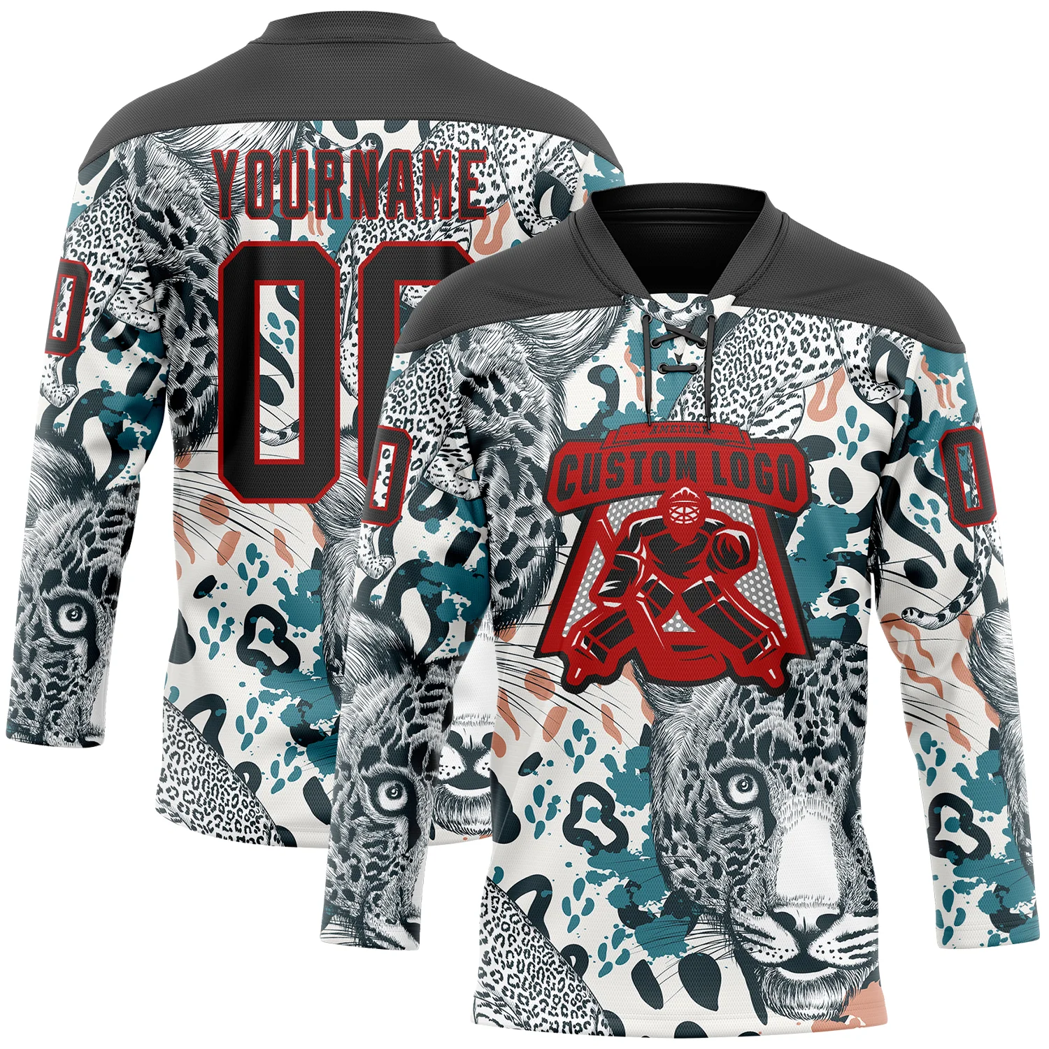 Custom White Black Blue-Red 3D Pattern Leopard Hockey Lace Neck Jersey
