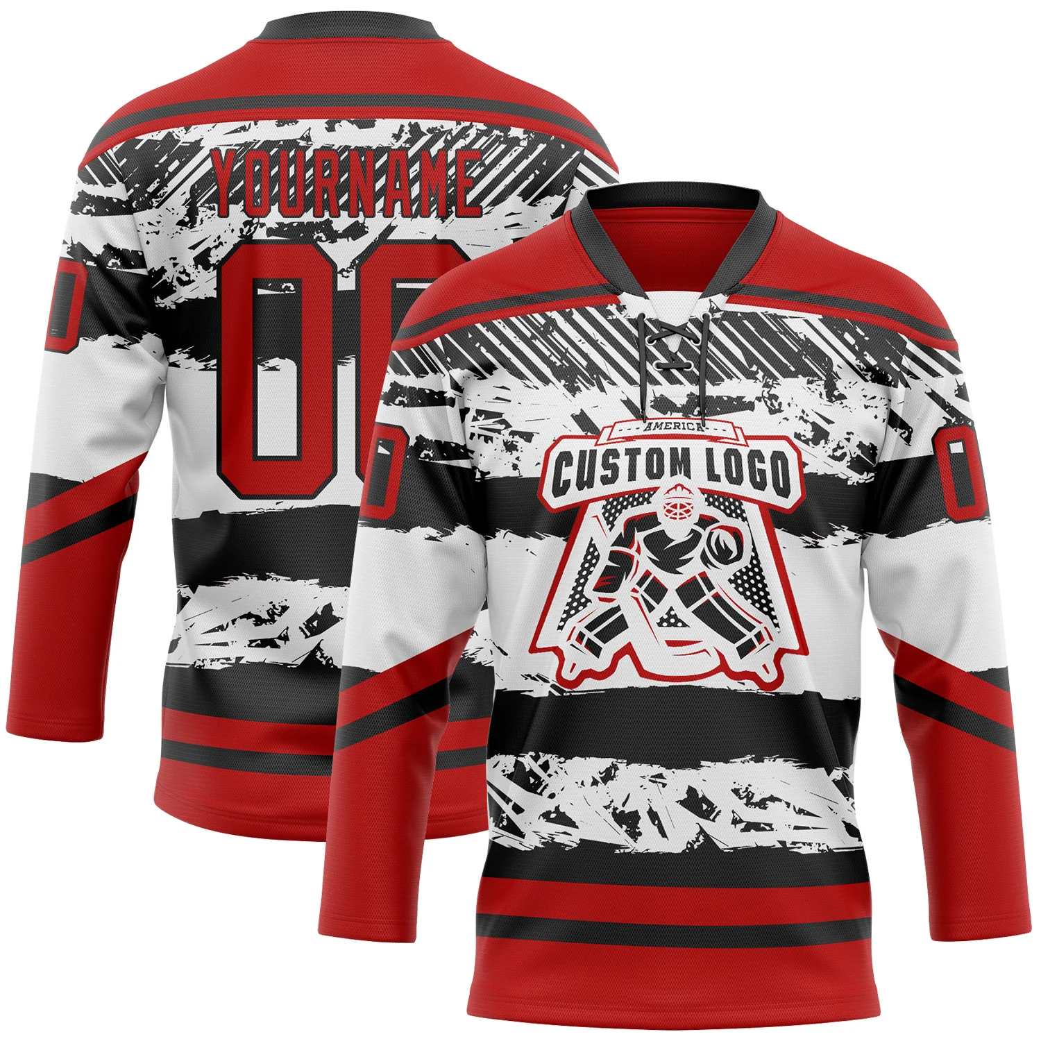 Custom White Red-Black 3D Pattern Abstract Detroit Inspired Line Hockey Lace Neck Jersey