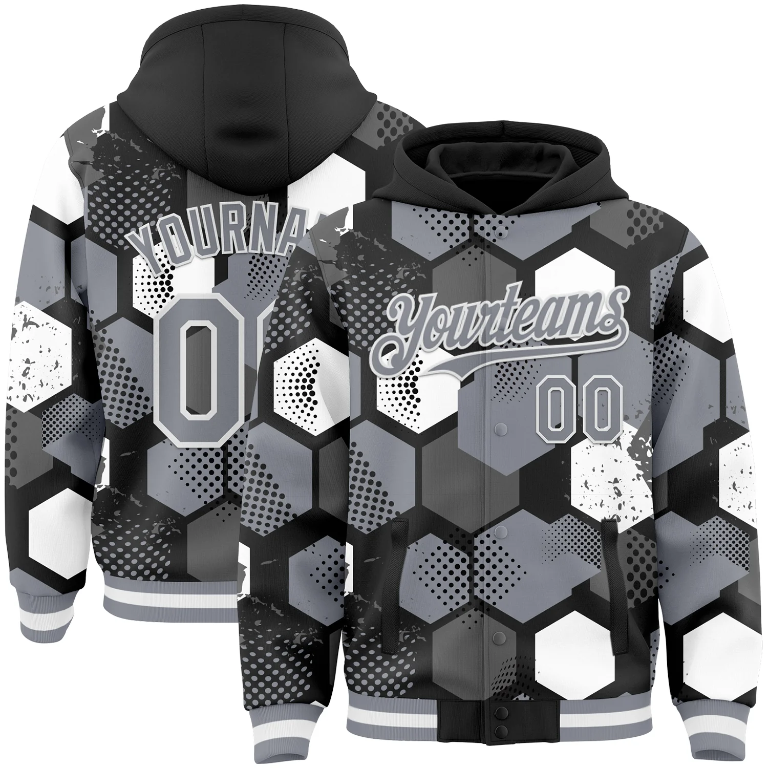 Custom Black Gray-White Geometric Shape 3D Pattern Design Bomber Full-Snap Varsity Letterman Hoodie Jacket