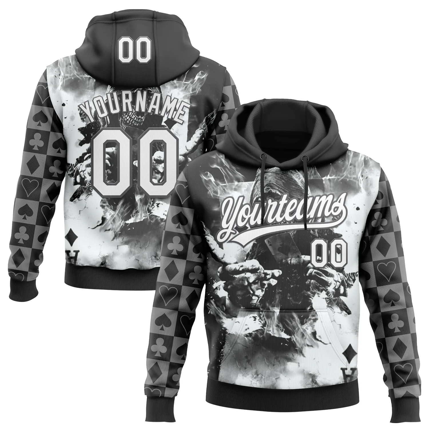 Custom Stitched Black White-Steel Gray 3D Skull Poker Pattern Pullover Sweatshirt Hoodie