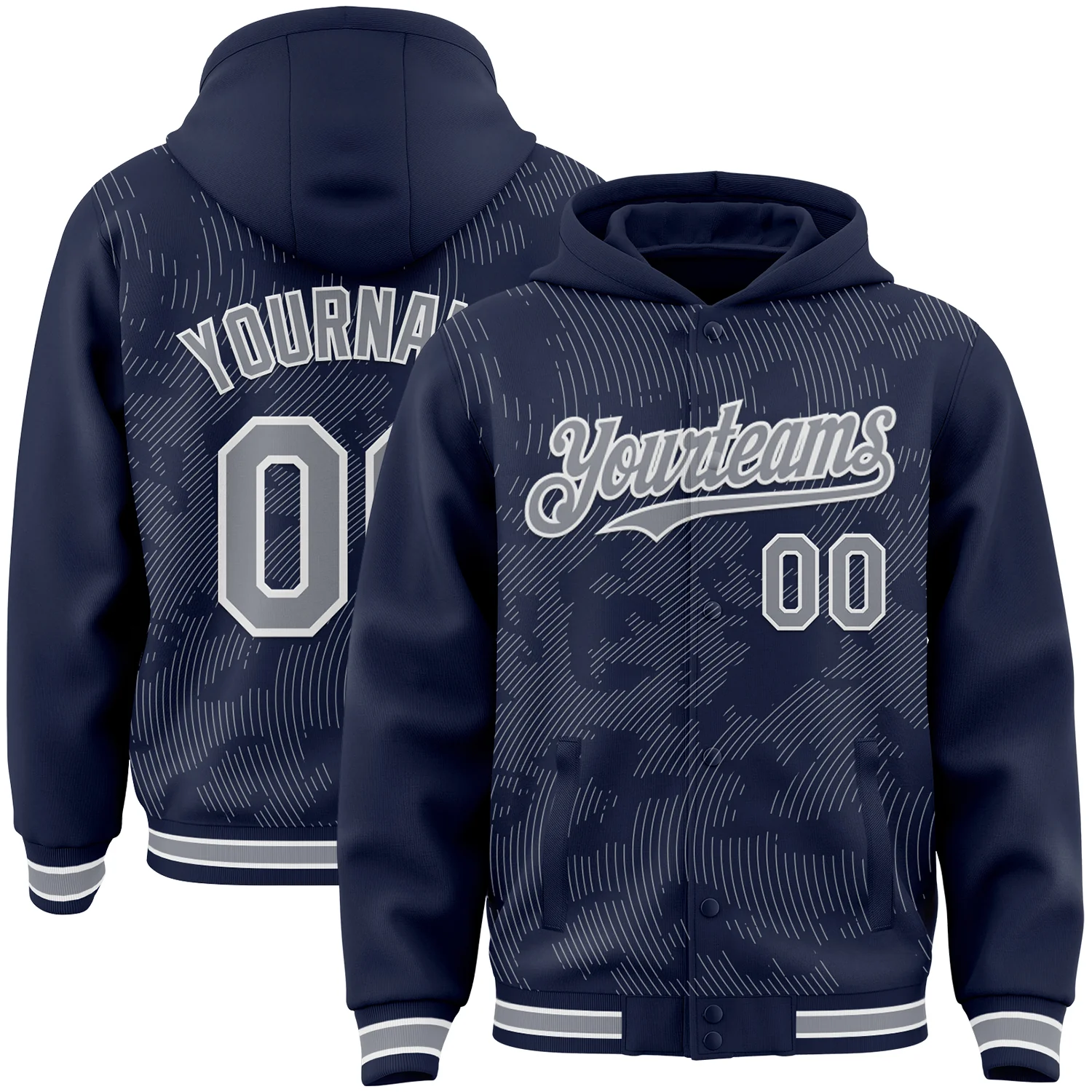 Custom Navy Gray-White Curve Lines 3D Pattern Design Bomber Full-Snap Varsity Letterman Hoodie Jacket