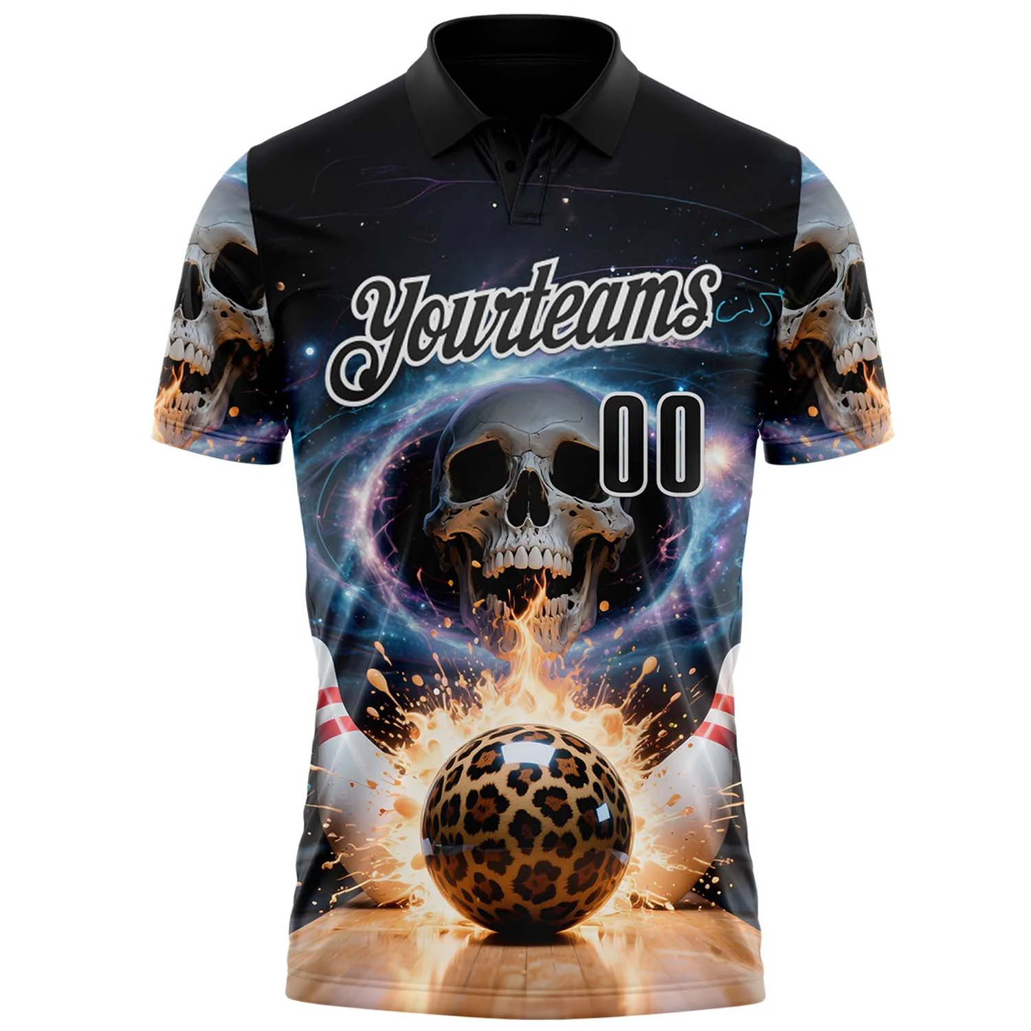 Custom Black White 3D Galaxy Splash Leopard Print Skull Bowling Performance Polo Shirt