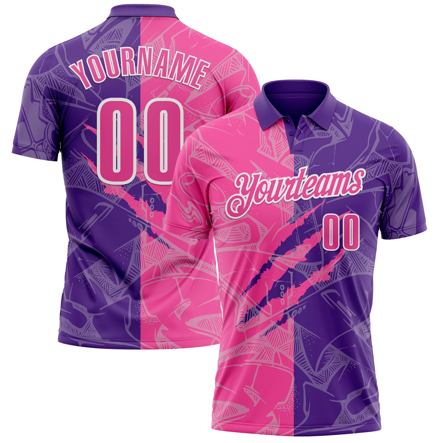 Custom Graffiti Pattern Pink Purple-White 3D Scratch Performance Polo Shirt
