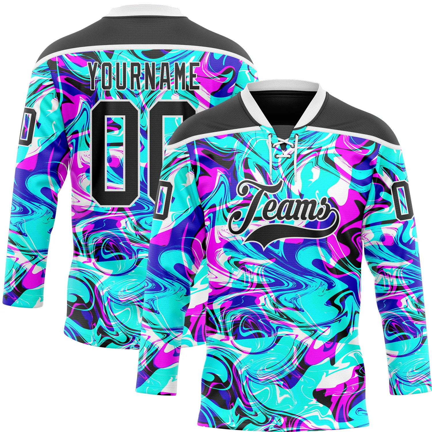 Custom Blue Black Deep Pink-White 3D Pattern Trippy Psychedelic Fluid Hockey Lace Neck Jersey