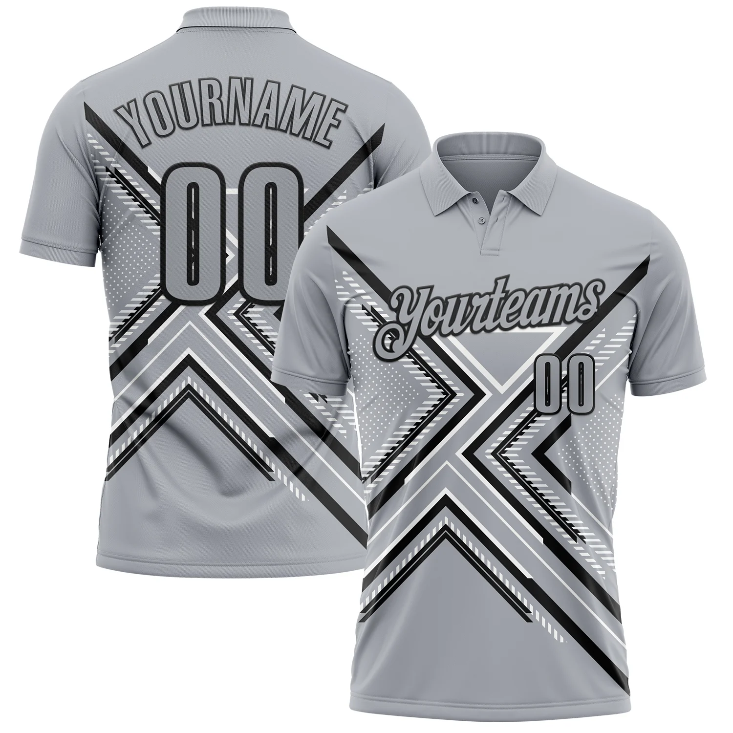 Custom Gray Black-White 3D Pattern Design Geometric Shapes Performance Polo Shirt