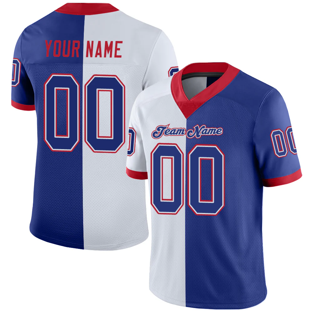 Custom White Royal-Scarlet Split Fashion Football Jersey