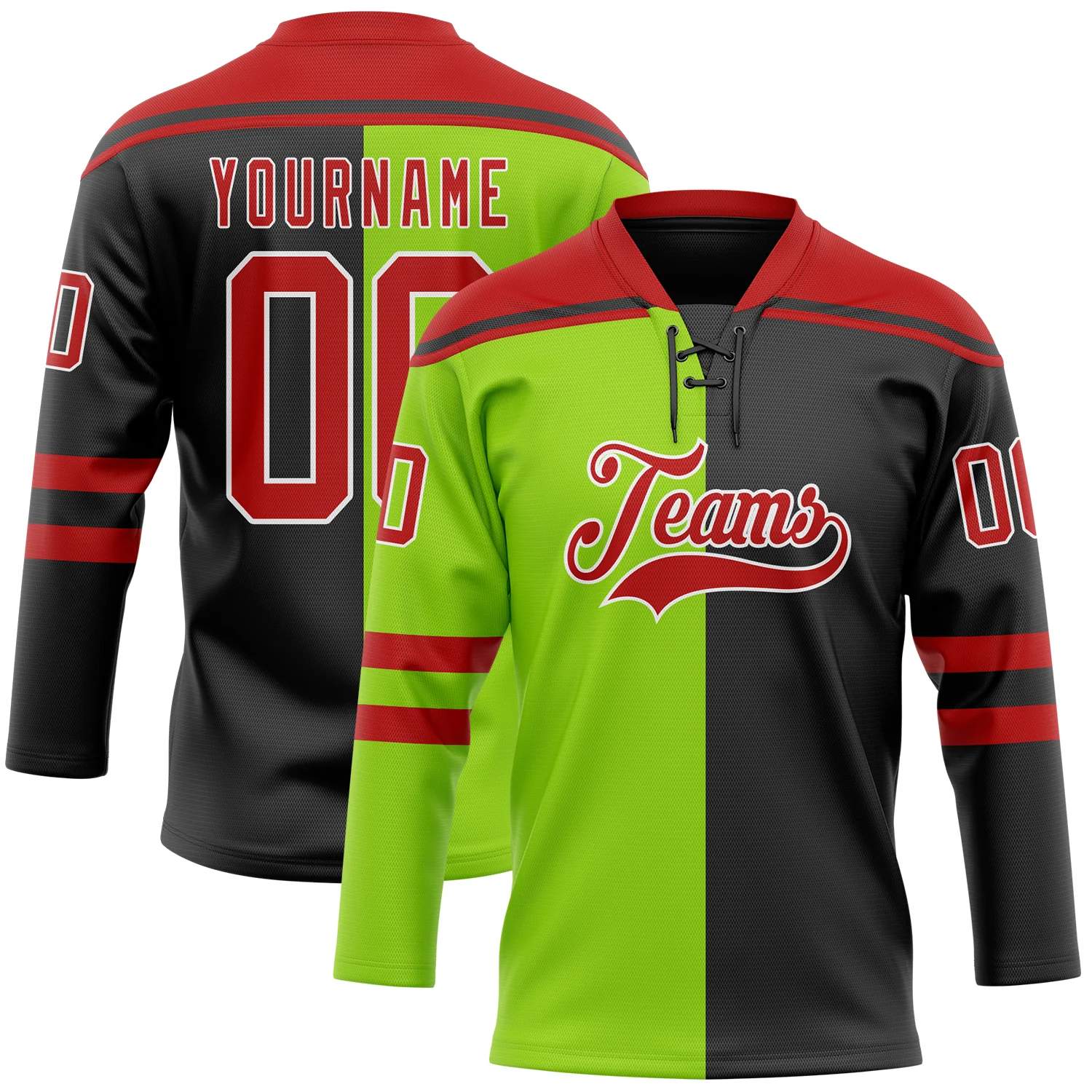 Custom Black Red Neon Green-White Split Fashion Hockey Lace Neck Jersey