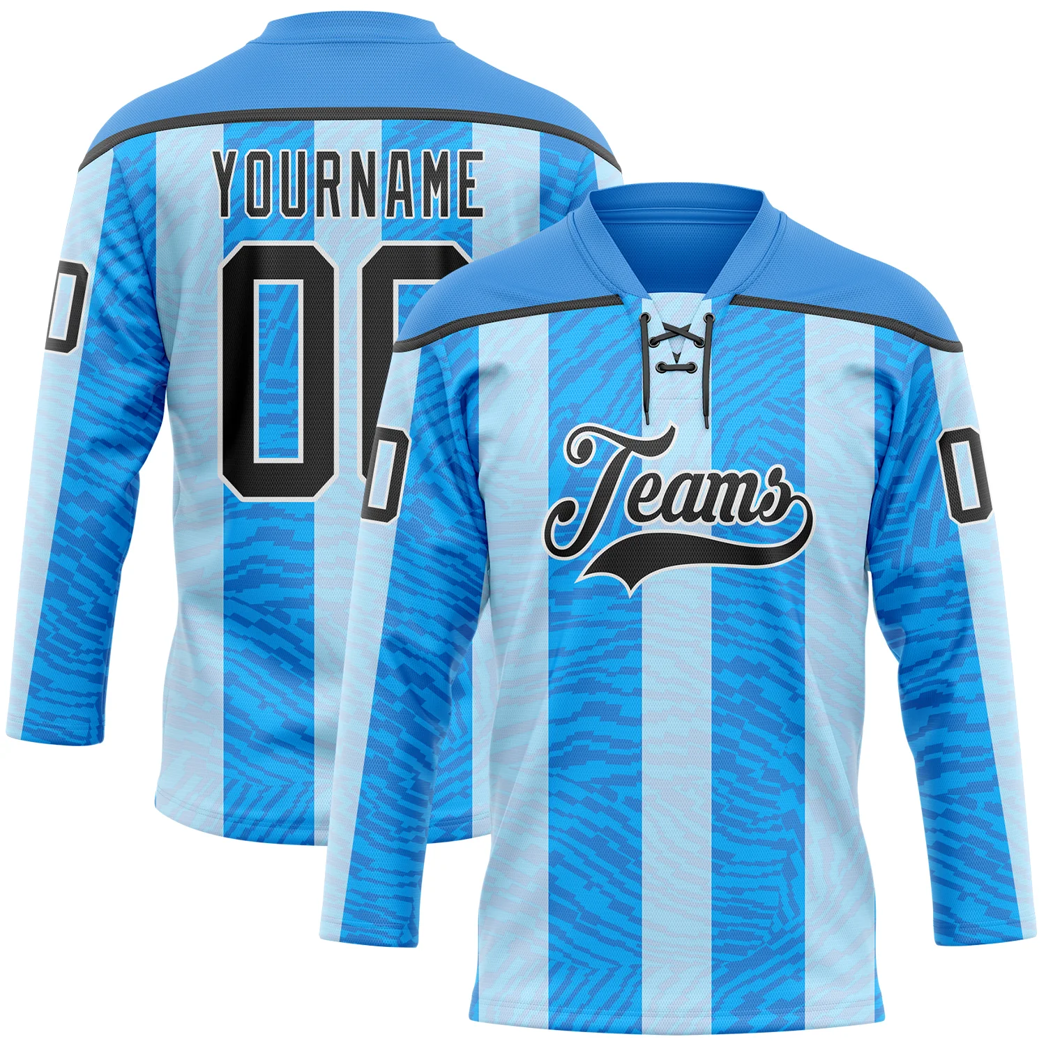 Custom Blue Black Powder Blue-White 3D Pattern Design Stripe Hockey Lace Neck Jersey