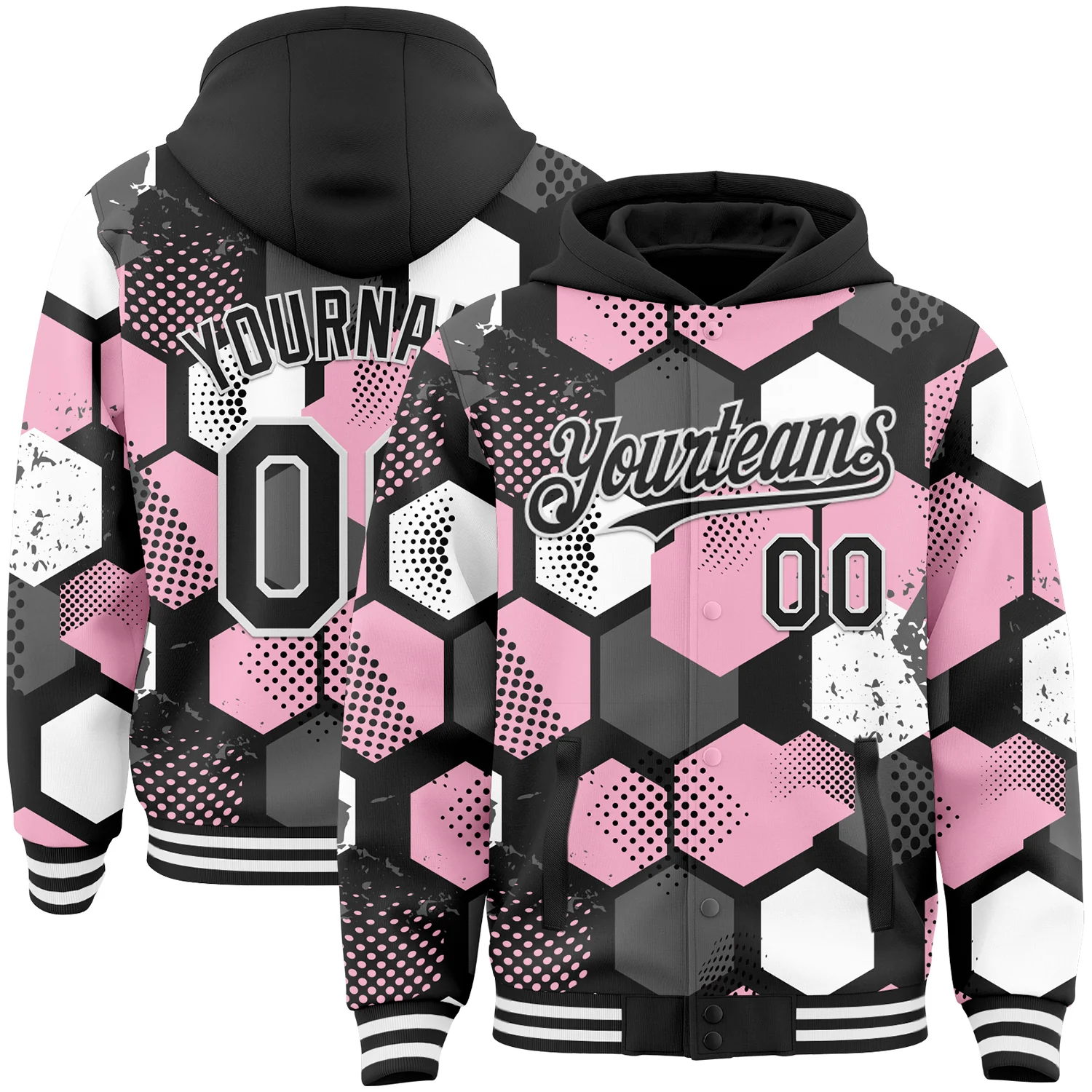 Custom Black Light Pink-White Geometric Shape 3D Pattern Design Bomber Full-Snap Varsity Letterman Hoodie Jacket