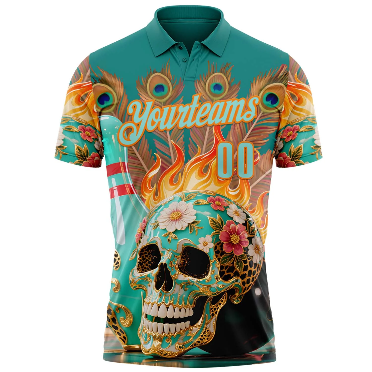 Custom Blue Ice Blue-Bay Orange 3D Peacock Flame Skull Bowling Performance Polo Shirt