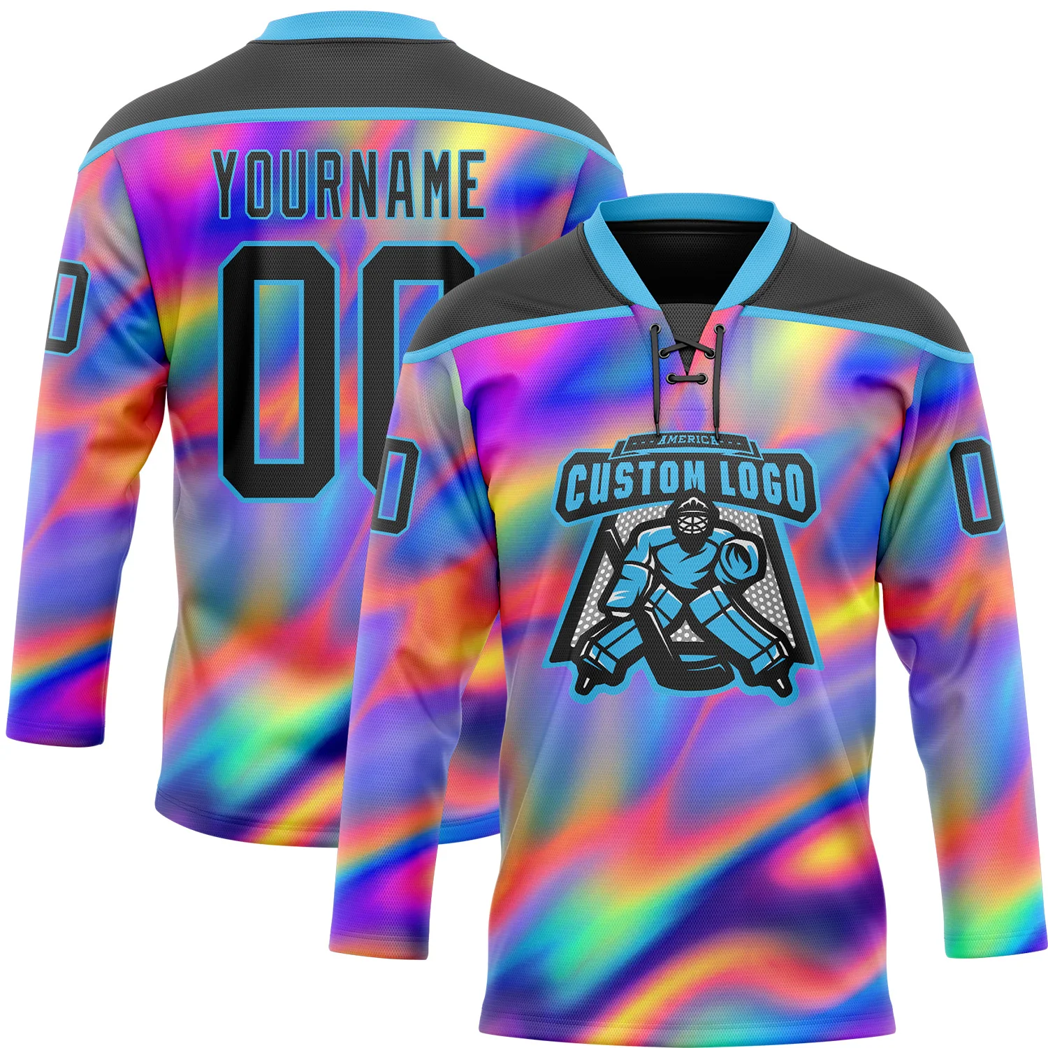 Custom Black Sky Blue Yellow-Green 3D Pattern Trippy Psychedelic Neon Trendy Holographic Vaporwave Style Hockey Lace Neck Jersey