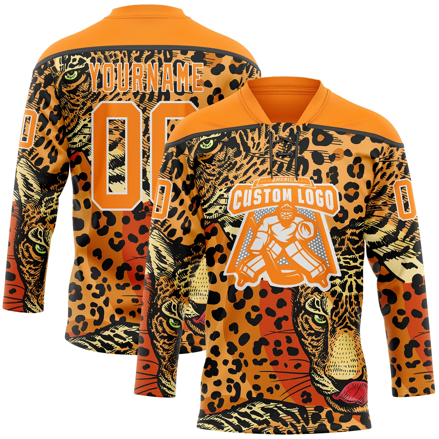 Custom Bay Orange Black-White 3D Pattern Leopard Print Hockey Lace Neck Jersey