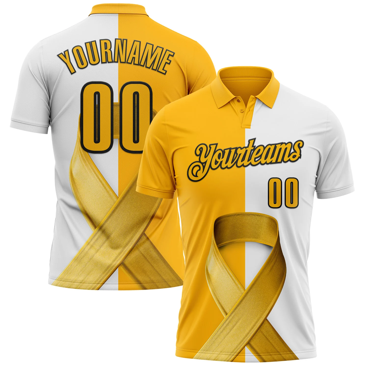 Custom White Gold-Black 3D Pattern Design Gold Ribbon Childhood Cancer Awareness Performance Polo Shirt