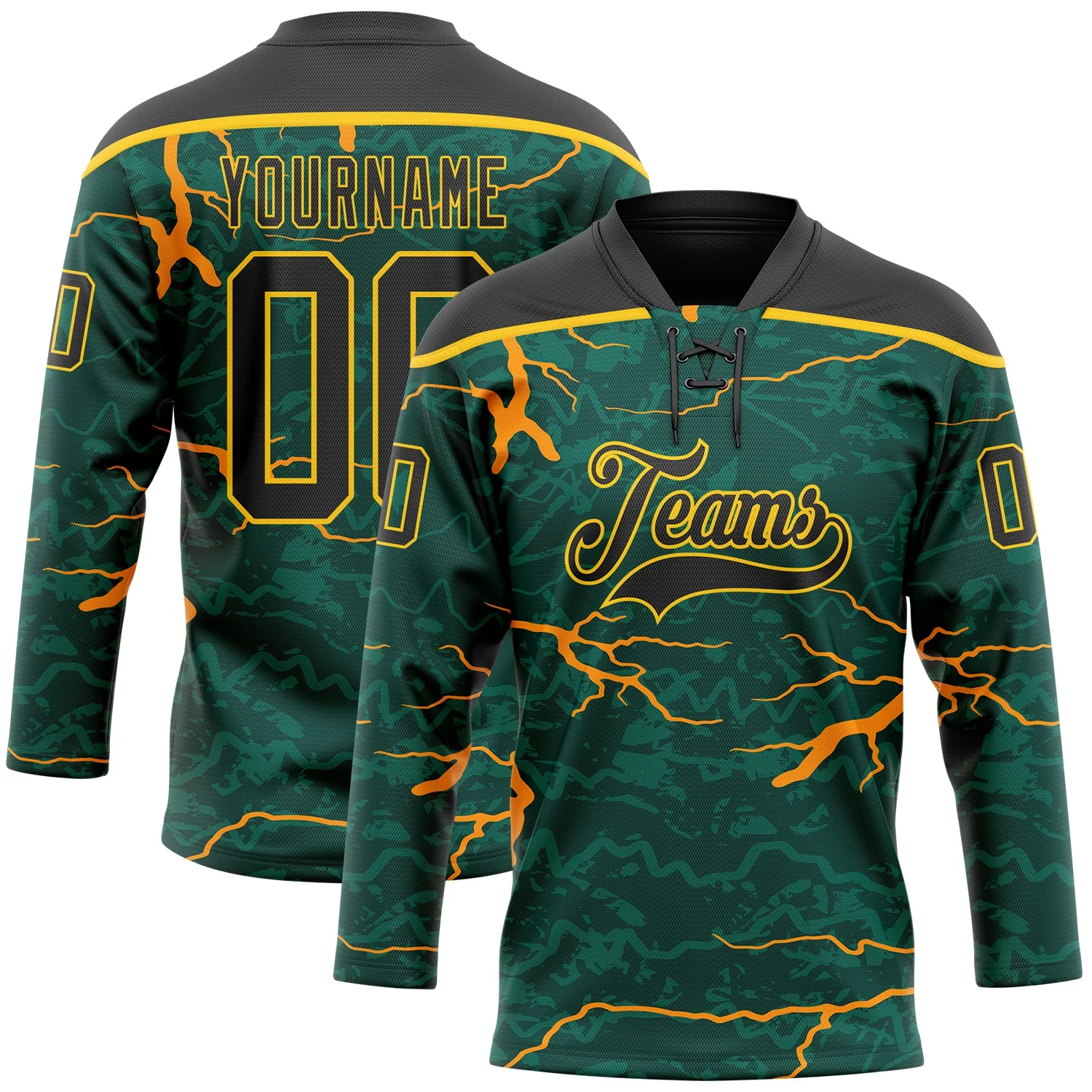 Custom Green Black Orange-Yellow 3D Pattern Lightning Hockey Lace Neck Jersey