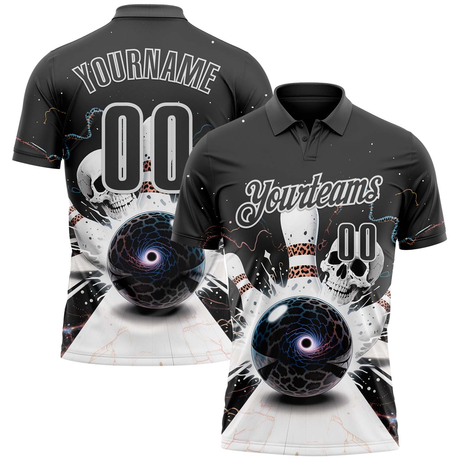 Custom Steel Gray White 3D Galaxy Leopard Print Skull Bowling Performance Polo Shirt