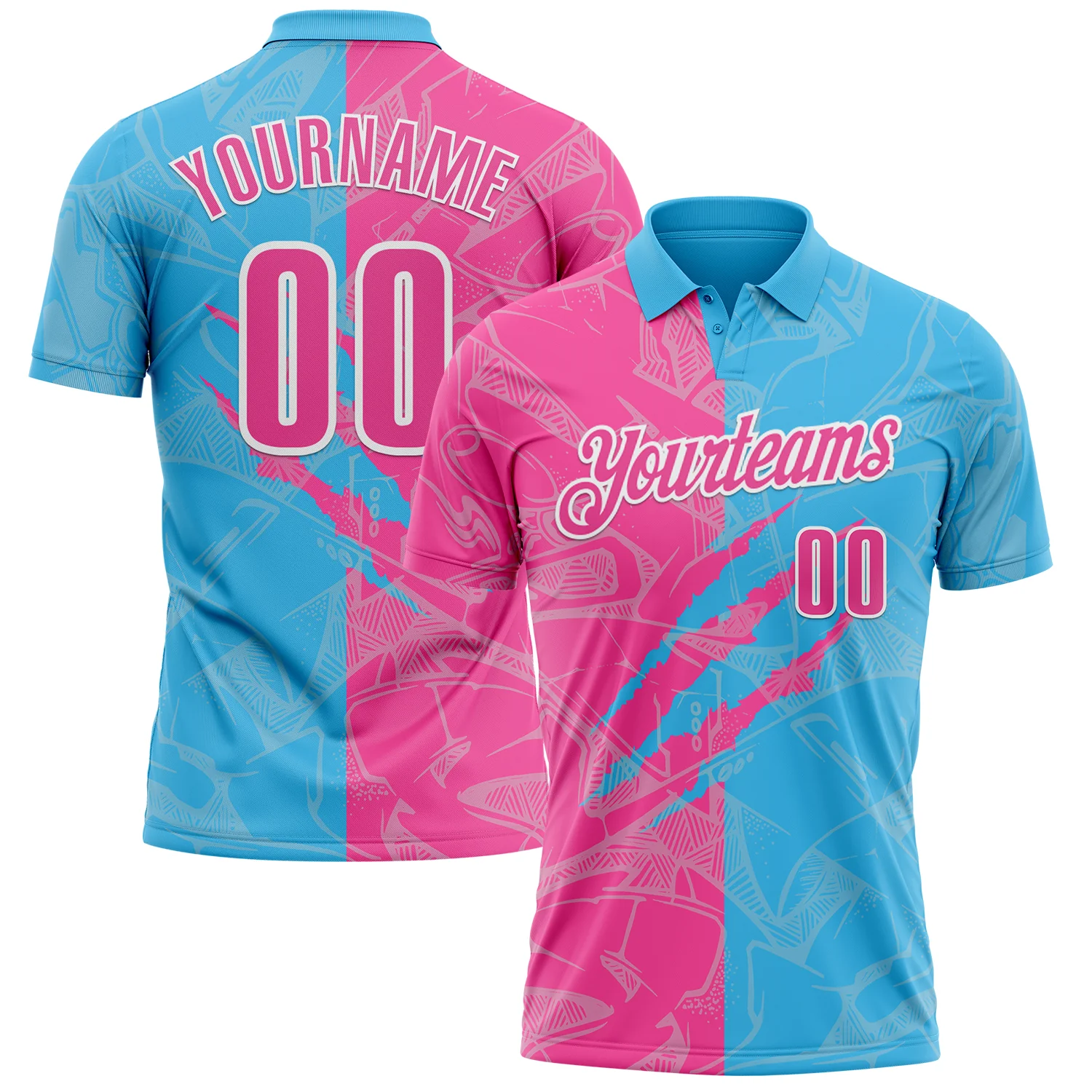 Custom Graffiti Pattern Pink Sky Blue-White 3D Scratch Performance Polo Shirt