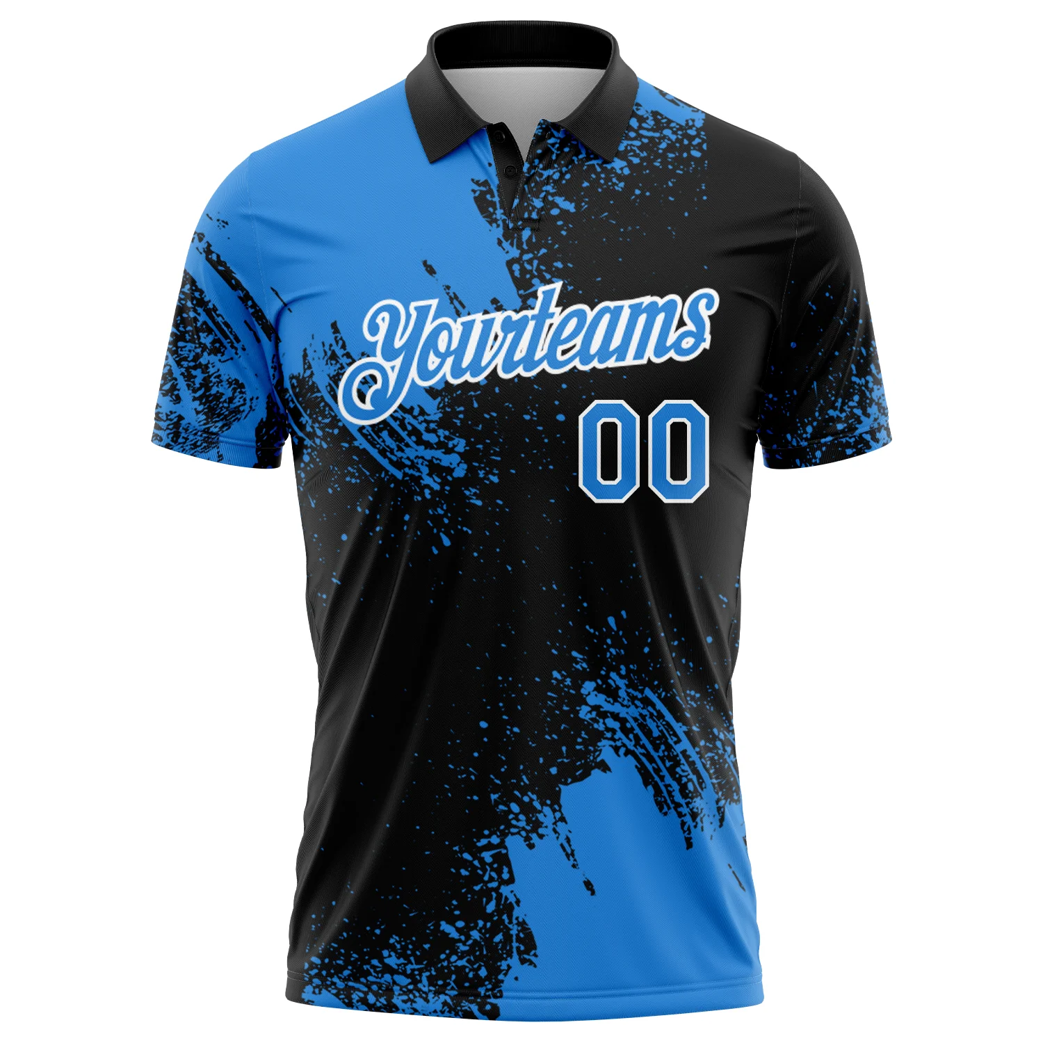 Custom Powder Blue Black-White 3D Pattern Design Abstract Brush Stroke Performance Polo Shirt