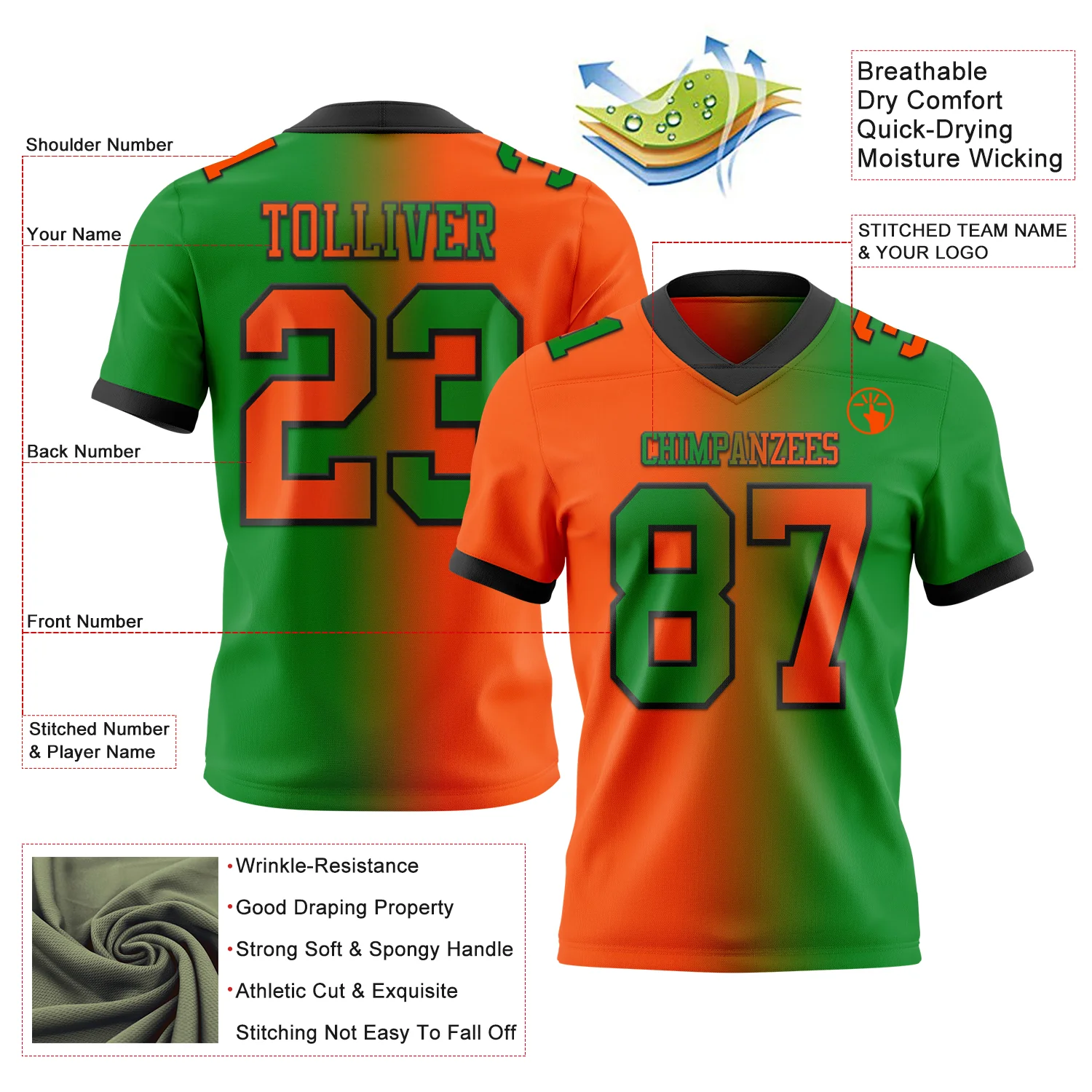 Custom Grass Green Orange-Black Authentic Gradient Fashion Football Jersey