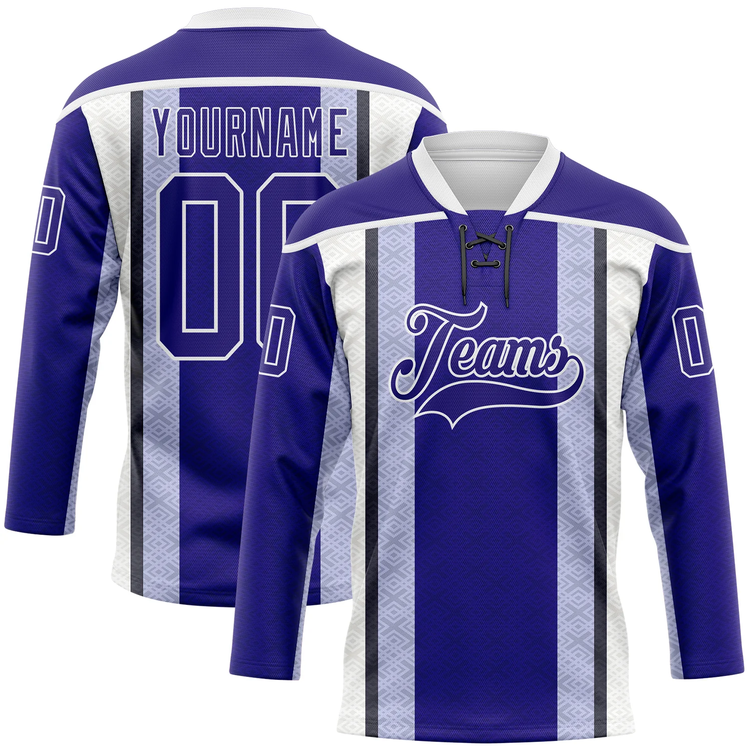 Custom Dark Purple Black-White 3D Pattern Design Stripe Hockey Lace Neck Jersey
