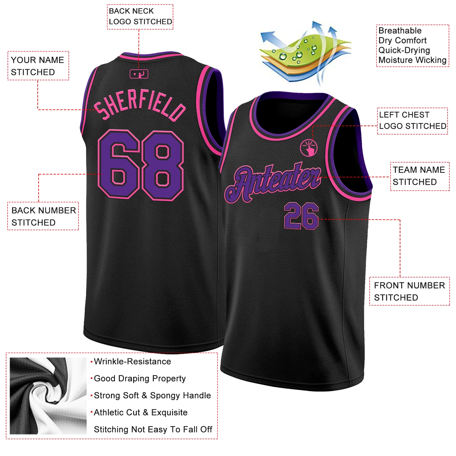 Custom Black Purple-Pink Authentic Basketball Jersey