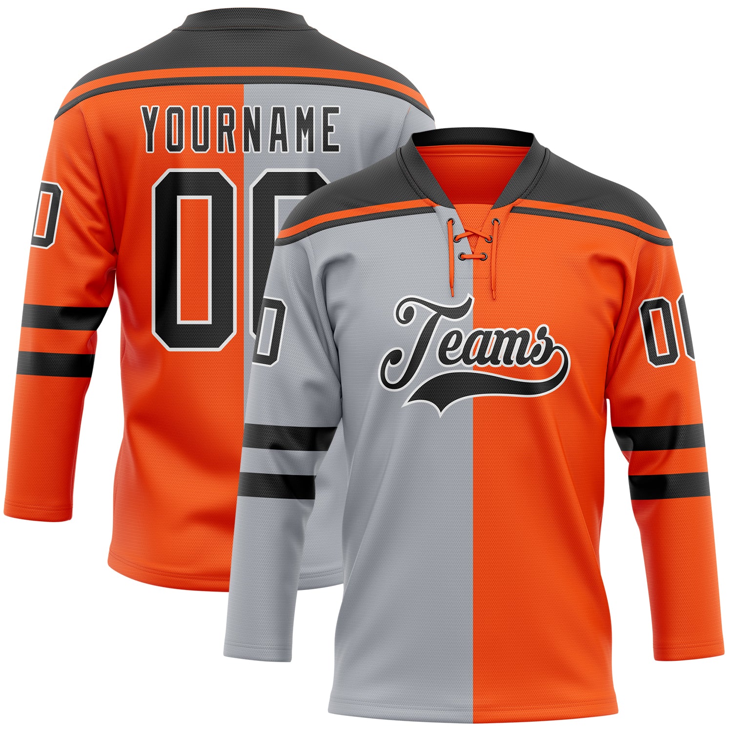 Custom Orange Black Gray-White Split Fashion Hockey Lace Neck Jersey