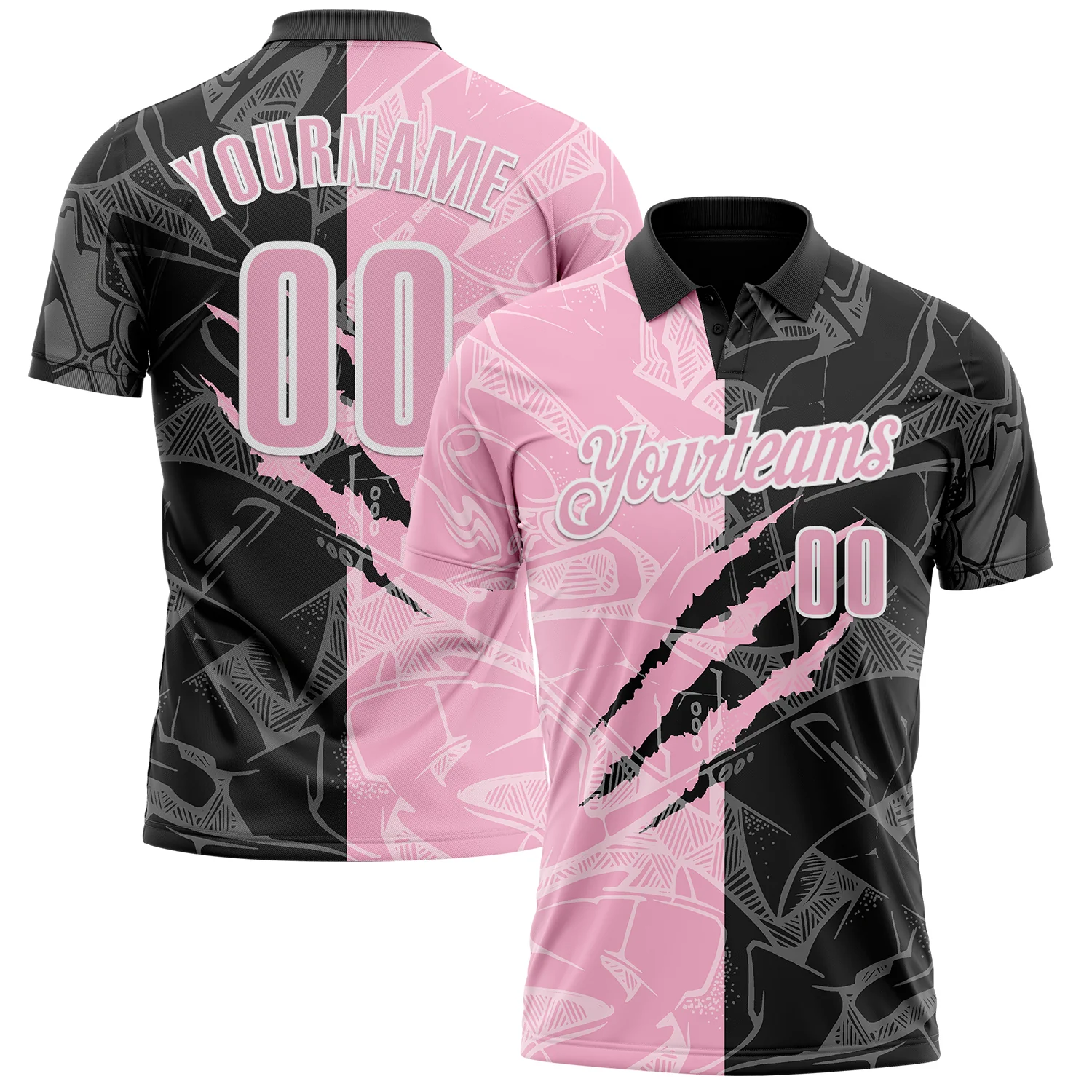 Custom Graffiti Pattern Light Pink Black-White 3D Scratch Performance Polo Shirt