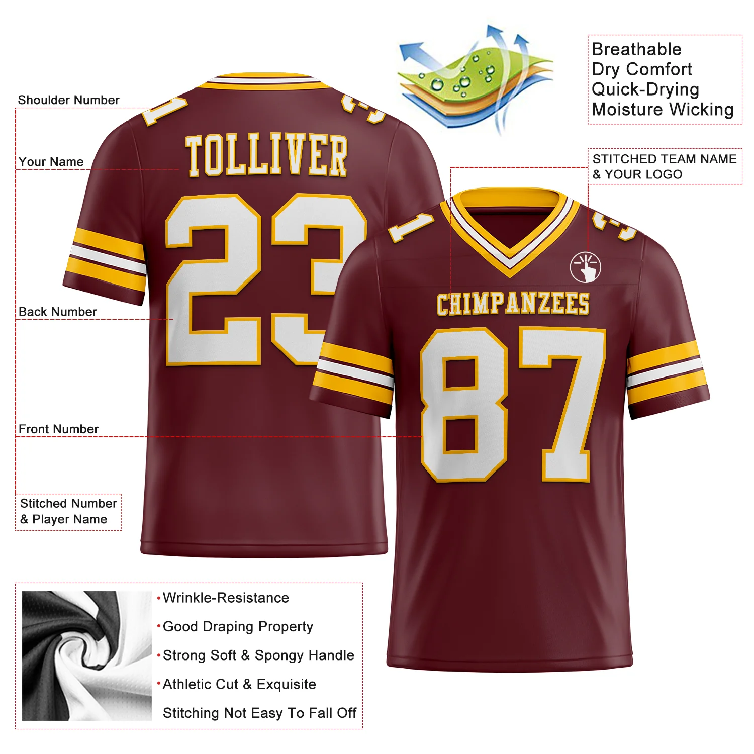 Custom Burgundy White-Gold Authentic Football Jersey