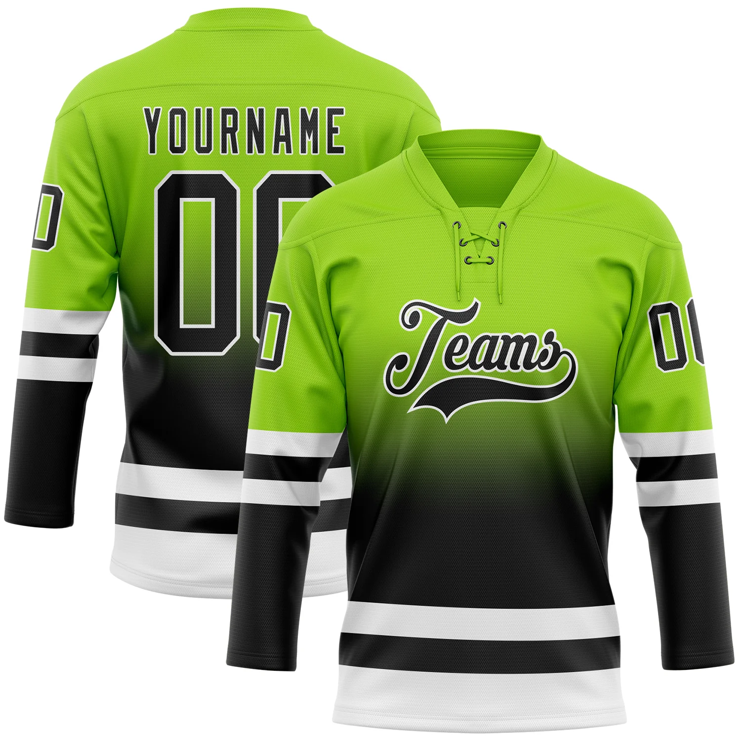 Custom Neon Green Black-White Fade Fashion Hockey Lace Neck Jersey
