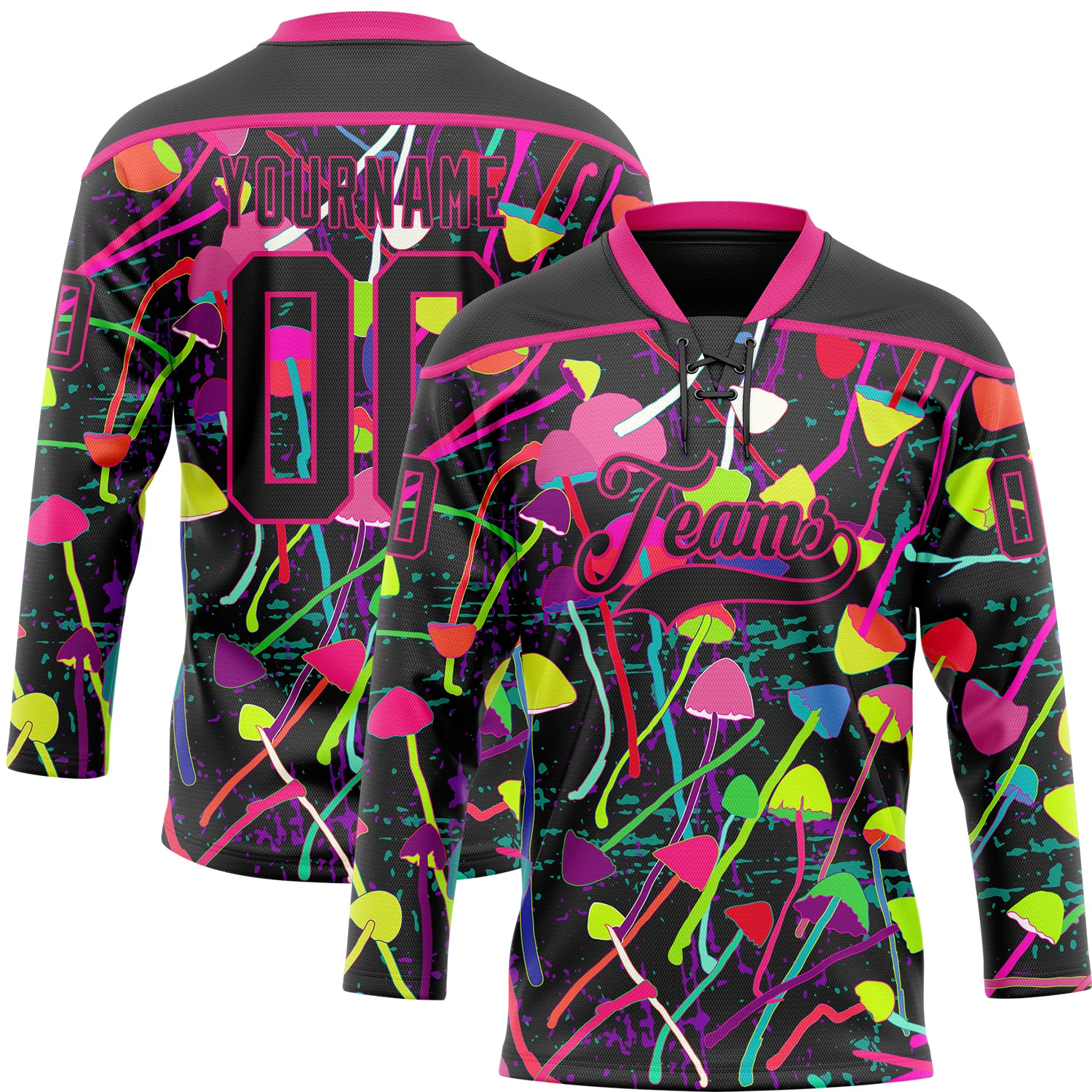 Custom Black Hot Pink 3D Pattern Trippy Psychedelic Magic Mushrooms Hockey Lace Neck Jersey