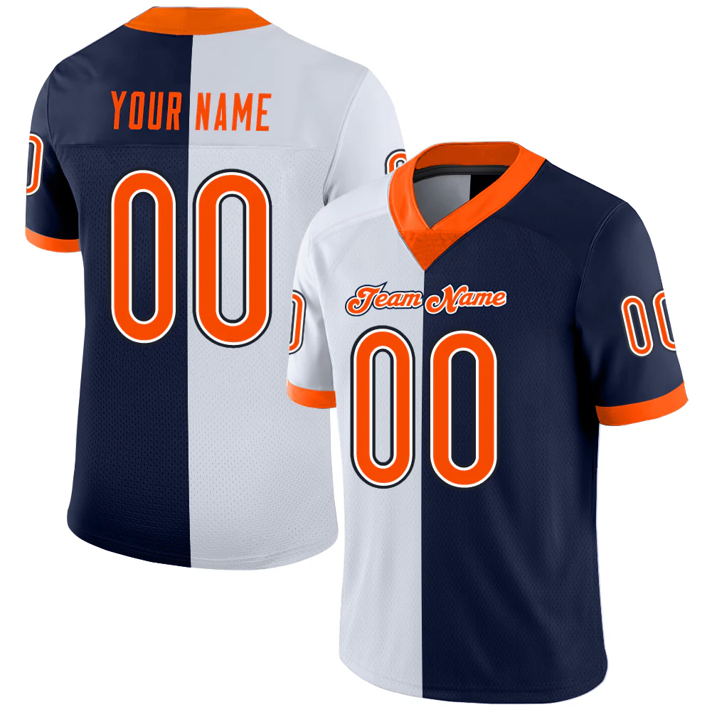 Custom Navy Orange-White Split Fashion Football Jersey
