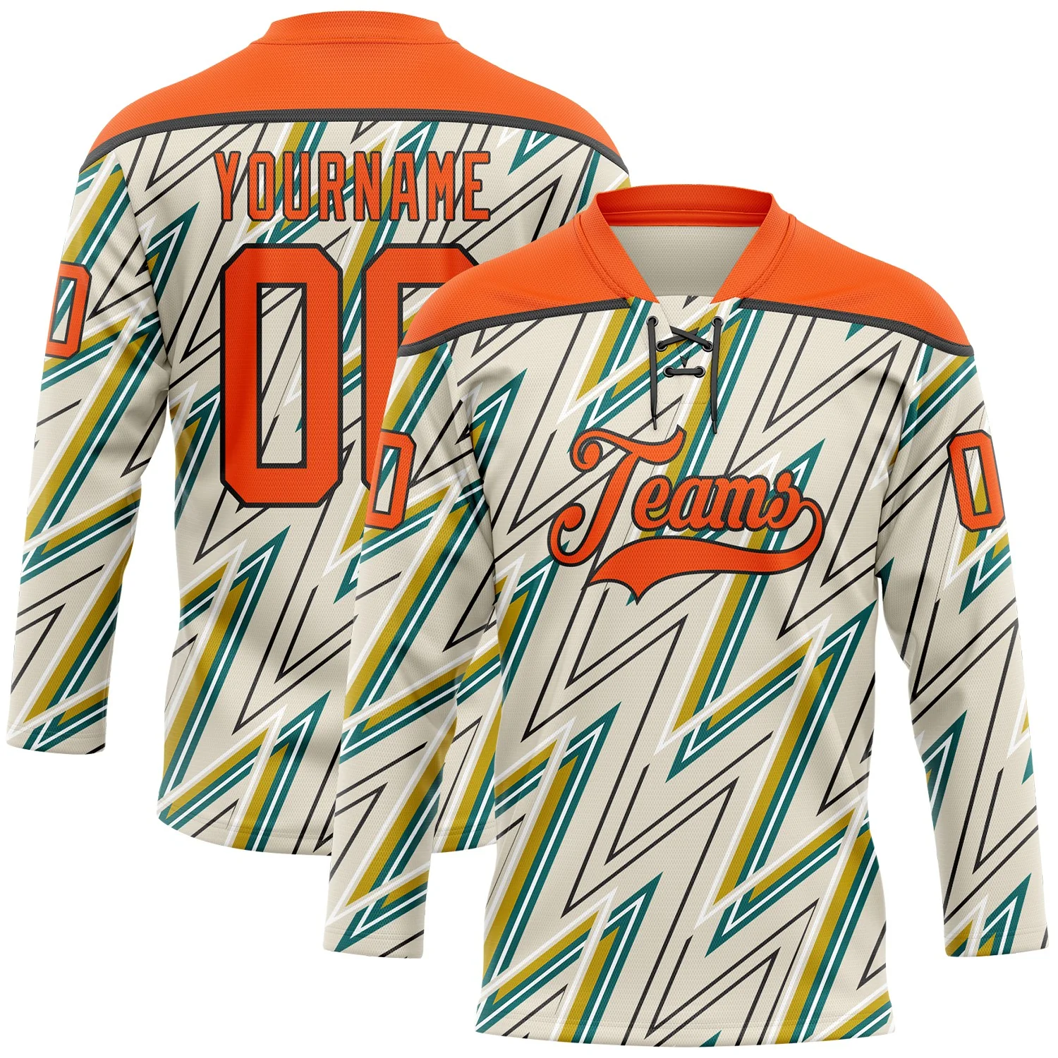Custom Cream Orange Green Yellow-Black 3D Pattern Lightning Hockey Lace Neck Jersey