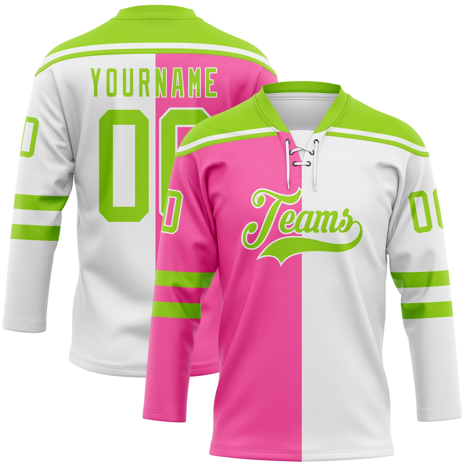 Custom White Neon Green-Pink Split Fashion Hockey Lace Neck Jersey