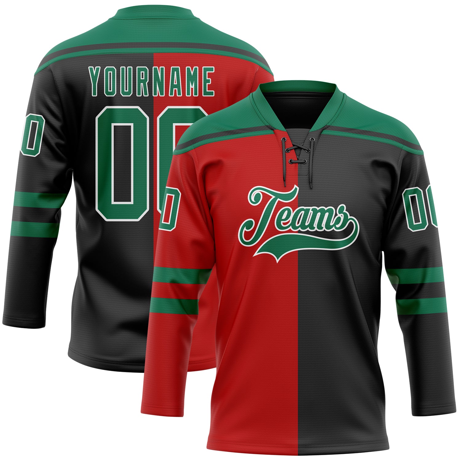 Custom Black Kelly Green Red-White Split Fashion Hockey Lace Neck Jersey