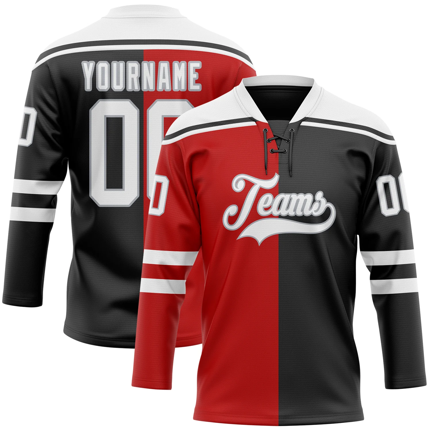 Custom Black White Red-Gray Split Fashion Hockey Lace Neck Jersey