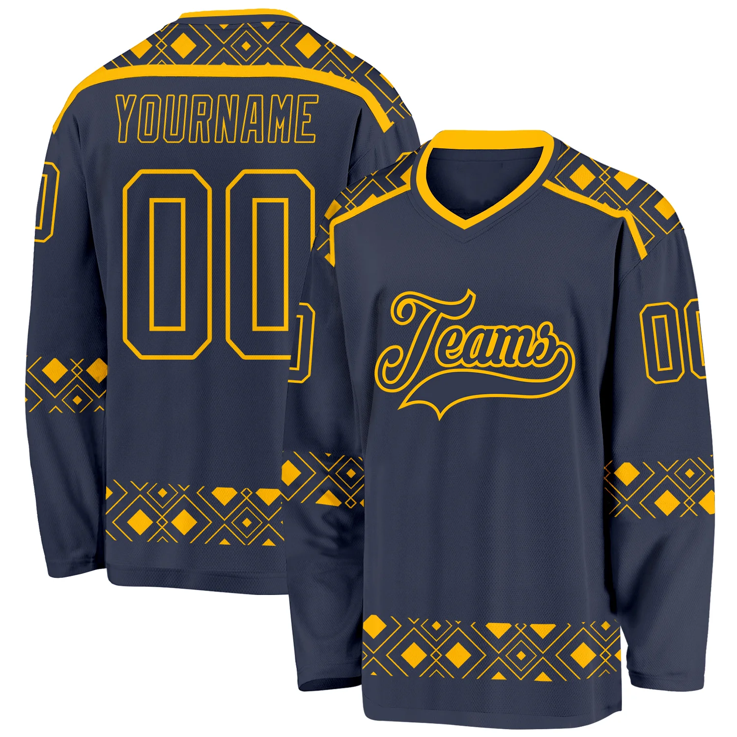 Custom Navy Gold 3D Pattern Plaid Hockey Jersey