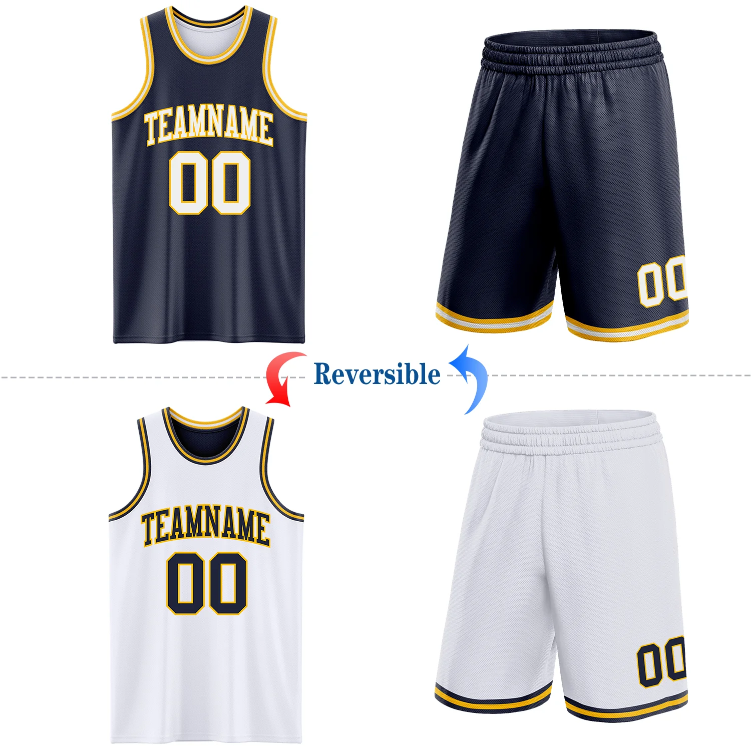 Custom Navy White-Gold Reversible Double Side Sublimation Basketball Suit Jersey