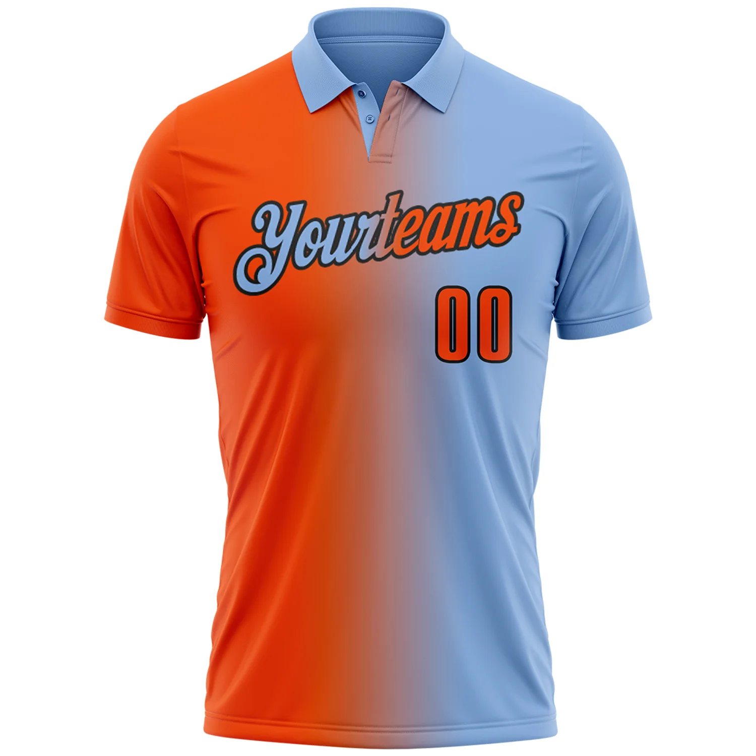 Custom Light Blue Orange-Black 3D Gradient Fashion Performance Polo Shirt