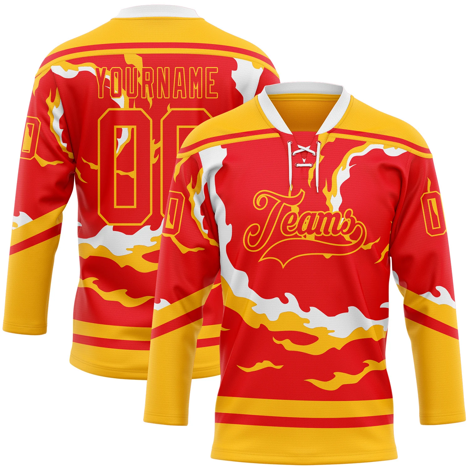 Custom Fire Red Gold-White 3D Pattern Abstract Calgary Inspired Flame Hockey Lace Neck Jersey