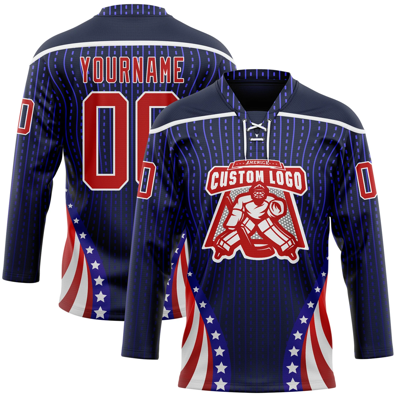 Custom Navy Red Royal-White American Flag Hockey Lace Neck Jersey