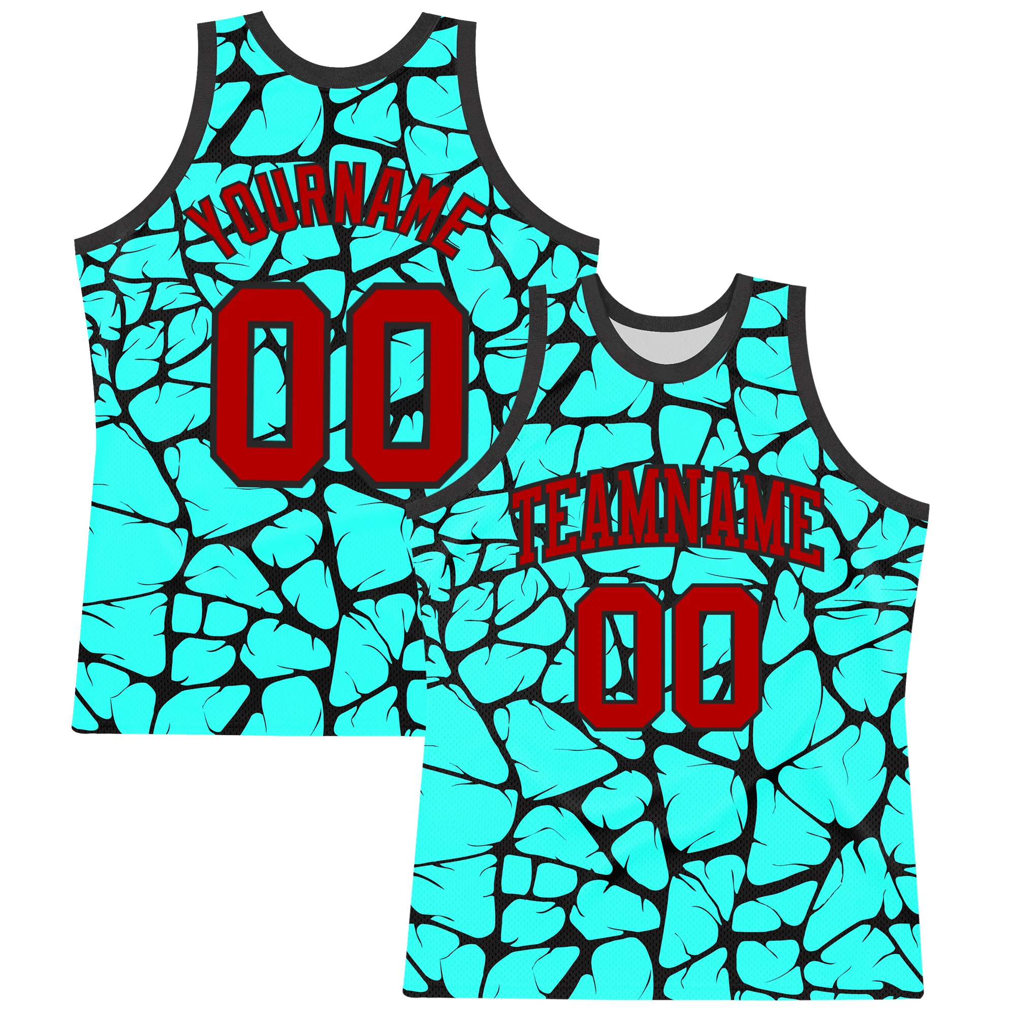 Custom Aqua Red-Black Abstract Network Round Neck Sublimation Basketball Suit Jersey