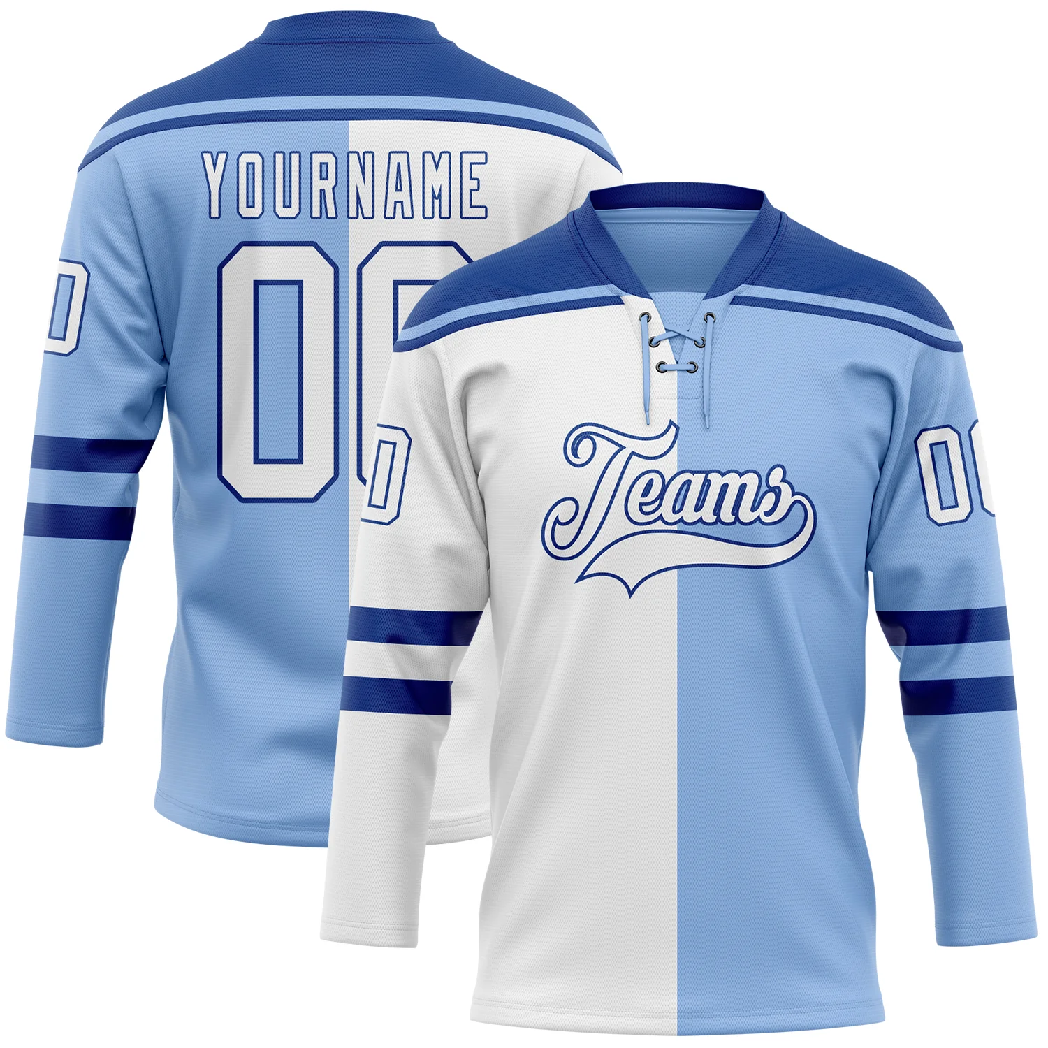 Custom Light Blue White-Royal Split Fashion Hockey Lace Neck Jersey