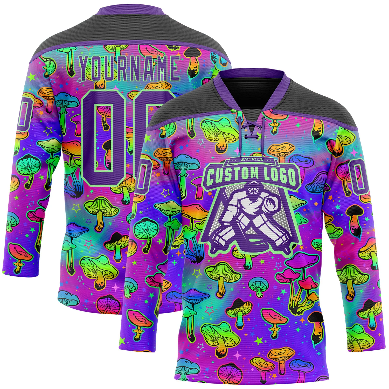 Custom Purple Pea Green-Black 3D Pattern Trippy Psychedelic Magic Mushrooms Hockey Lace Neck Jersey