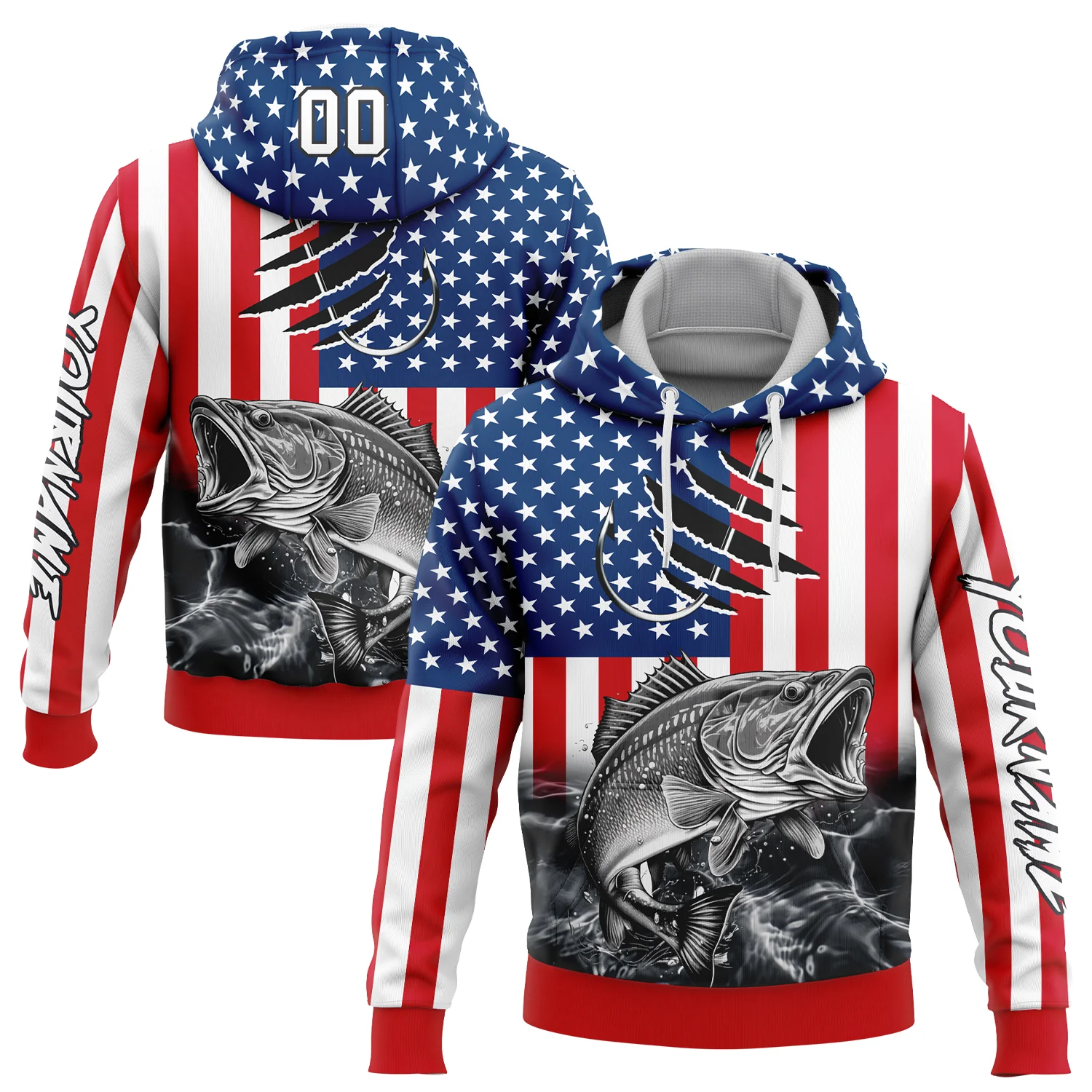 Custom Red US Navy Blue-Black 3D American Flag And Largemouth Bass Fish Fishing Sports Pullover Sweatshirt Hoodie
