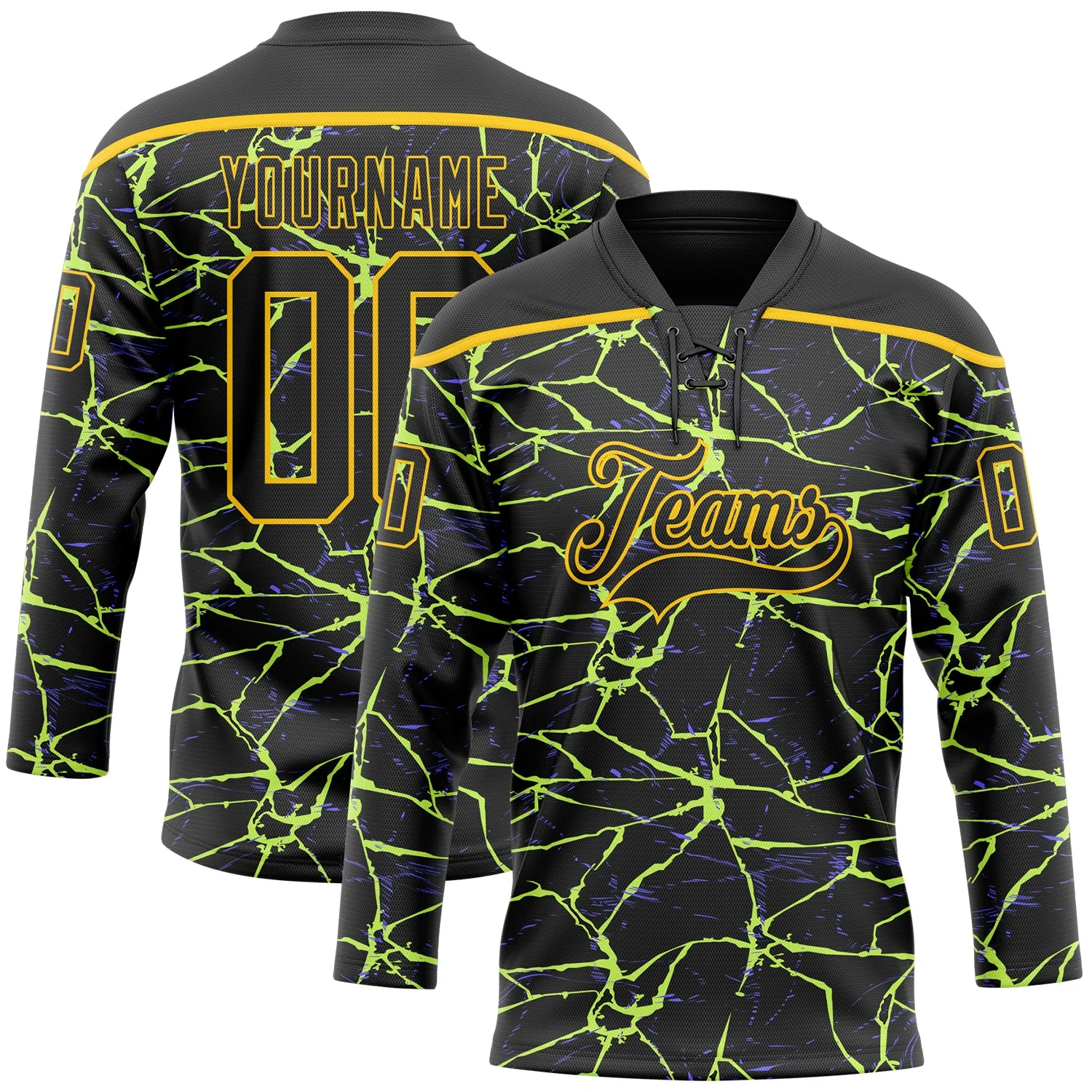 Custom Black Yellow-Purple 3D Pattern Lightning Hockey Lace Neck Jersey