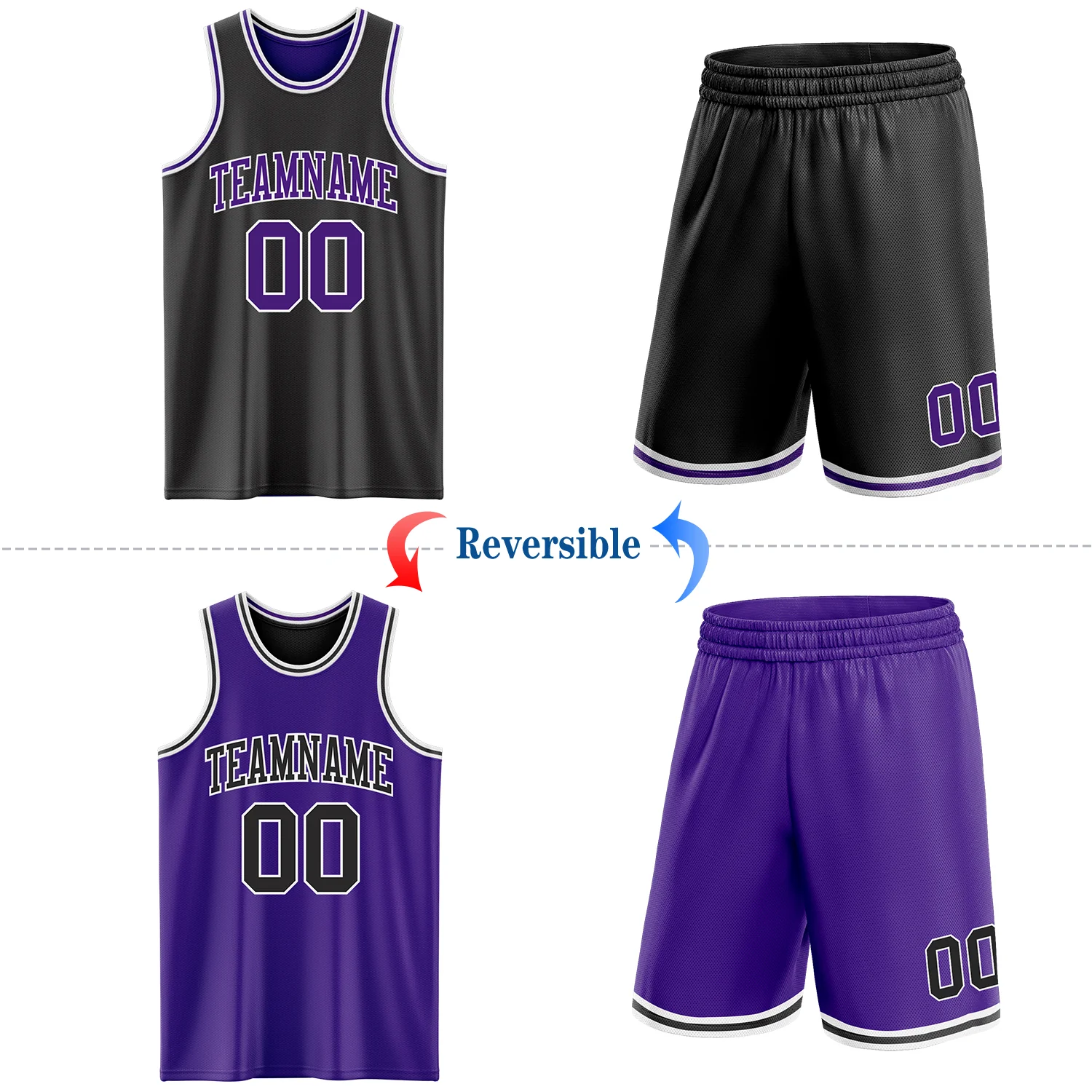 Custom Reversible Black Purple-White Double Side Sublimation Basketball Suit Jersey