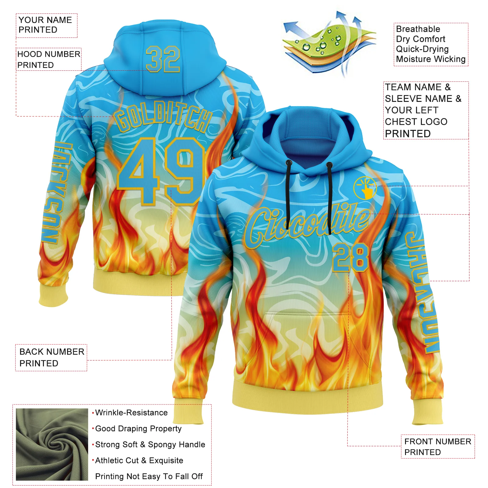 Custom Blue Sky Blue-Yellow 3D Abstract Flame Sports Pullover Sweatshirt Hoodie
