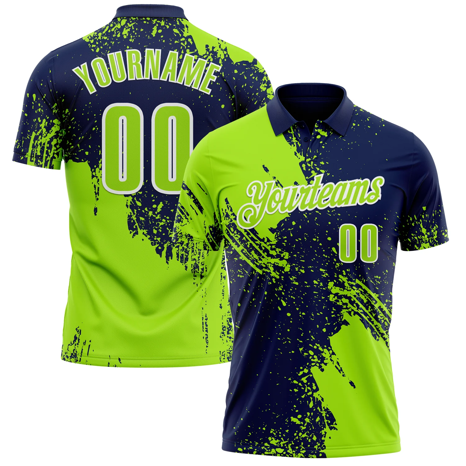 Custom Neon Green Navy-White 3D Pattern Design Abstract Brush Stroke Performance Polo Shirt