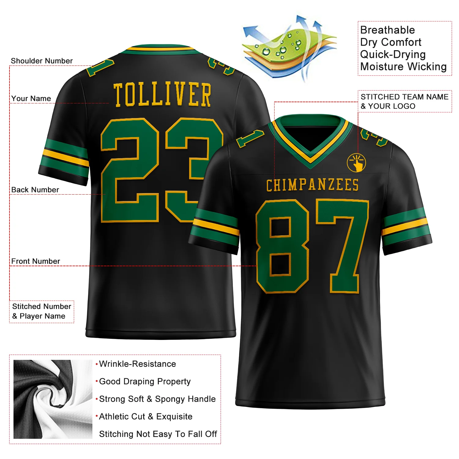 Custom Black Kelly Green-Gold Authentic Football Jersey